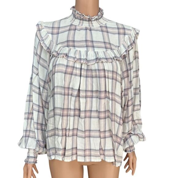 Free People Tops Free People Charlie Ruffle Plaid Mockneck Blouse size XS - Picture 1 of 7